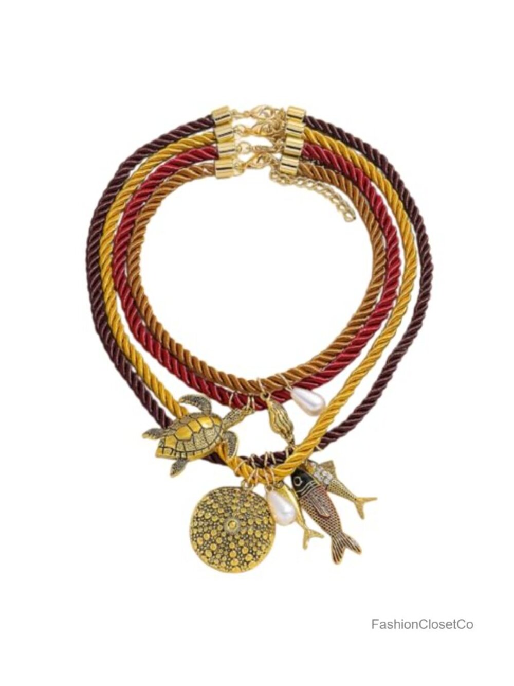 4-Layer Shell Fish Turtle Conch Rope Pendant Necklace Boho Beach Jewelry